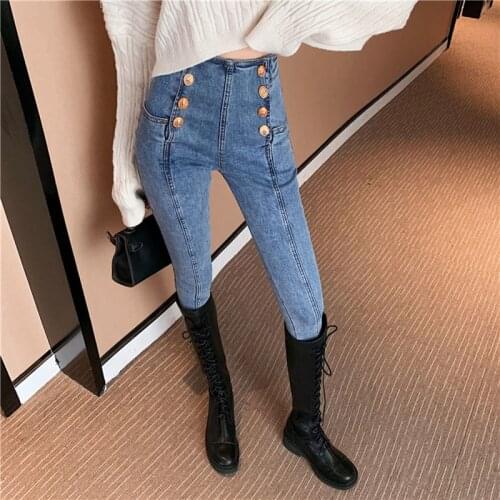 Russian girls jeans Women High Waist autumn Retro skinny strechy Pants Double Breasted Blue/black Pencil Pants for Female KZ323