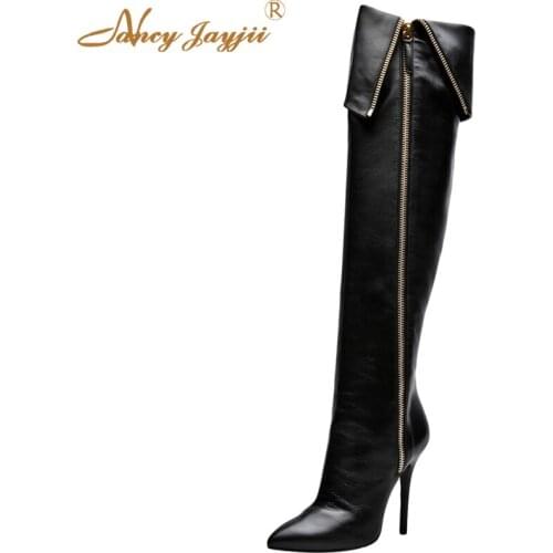 Black Patent Leather Zipper Over The Knee Boots 2021 Autumn Women Solid Large Size 4-16 Pointed Toe Super High Thin Heel Shoes