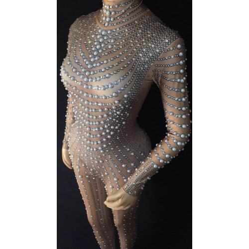 Sexy Pearls Rhinestone Black Or Nude Jumpsuit Stretch Leggings Womens Prom Party Outfit Nightclub Female Singer Show Stage Wear