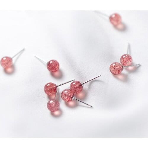 Strawberry Crystal Ball Stud Earrings 925 Sterling Silver Earrings for Girl Lady Birthday Lucky Stone Spring Jewelry