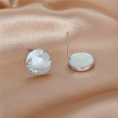 Cute Star and Moon Earrings White Zircon Small Round Stud Earrings For Women Real 925 Sterling Silver Earring Minimalist Jewelry