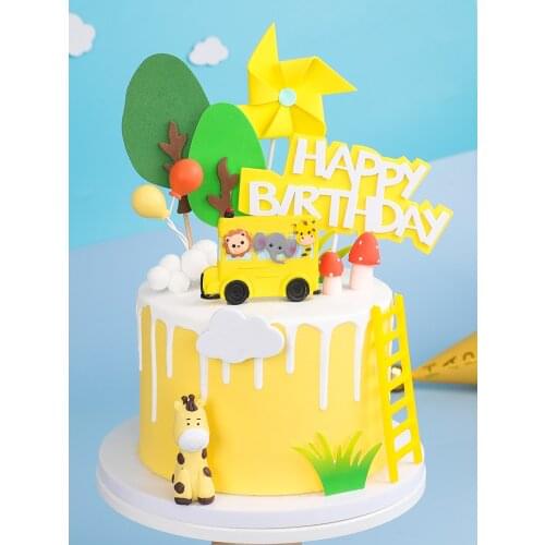 Baking Cake Topper Cartoon Yellow Animals School Bus Ornaments Lion Elephant Joy Forest Party Cake Decoration Baby Shower