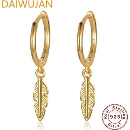 DAIWUJAN Korea INS 925 Sterling Silver Leaf Earrings For Women Gold Huggie Feather Piercing Hoop Earring Ear Jewelry Wholesale