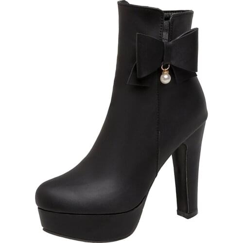 2020 Autumn Thick Waterproof Platform Short Boots Women’S Nightclub Super High All-Match Ladies Ankle Boots Pearl Tapered Heel