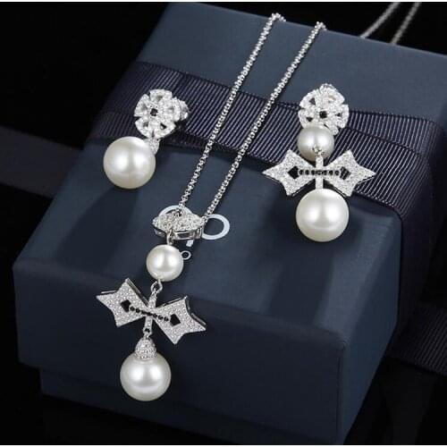 Luxury Asymmetry Flower Cross Pearl Earrings Necklace Sets Fashion Silver C Micro Pave CZ Zirconia Jewelry Sets for women