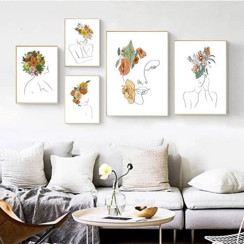 Woman With Flower Poster Abstract Canvas Painting Minimalist Line Draw Art Print Nordic Wall Picture For Living Room Home Decor