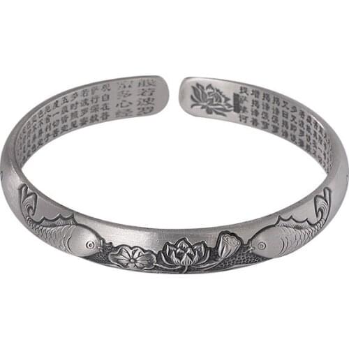 999 pure silver vintage distressed matte Lotus carp Heart Sutra ladies Sterling Silver open bangle bracelet