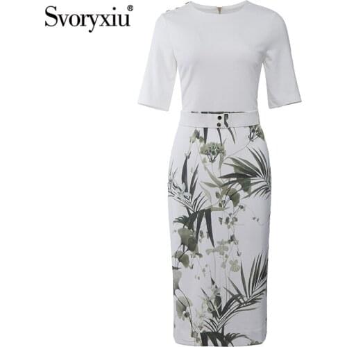 Svoryxiu Designer Summer Elegant Dress Womens Half Sleeve Hand Painted Print Office Lady Fashion White Slim Dresses XXL 2021
