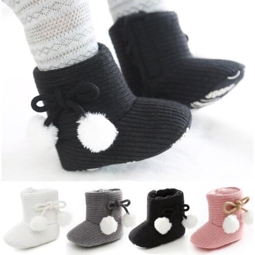 Baby Girl Boys Winter Warm Shoes Solid Fashion Toddler Fuzzy Balls First Walkers Kid Shoes 0-18M