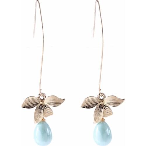 2021 Wholesale Exquisite Plant Gold Tree Leaves Blue Pearl Earrings Elegant Matte Color Metal Tiny Beads Drop Earrings for Women
