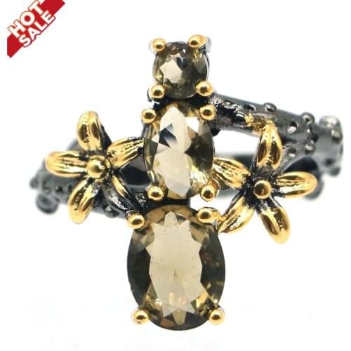 21x19mm Gothic Flowers Vintage Created Smokey Topaz for Girls Black Gold Color Gothic Unique Jewelry Dropship Silver Rings