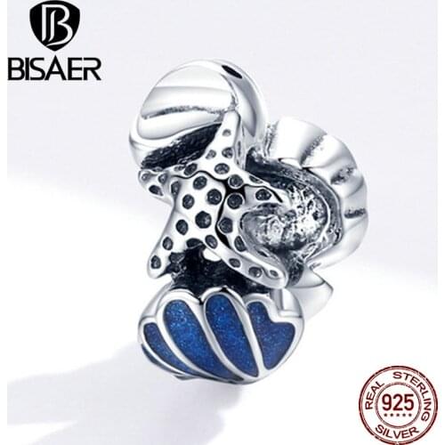 BISAER Shell & Starfish Beads 925 Sterling Silver Blue Enamel Charms Pendant Fit DIY Original Bracelet Necklace Jewelry ECC1536
