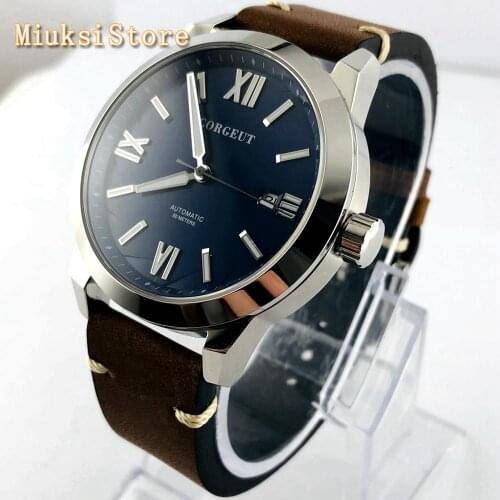 Corgeut 41mm silver case blue dial date luminous leather strap waterproof Seagull movement mens new automatic watch