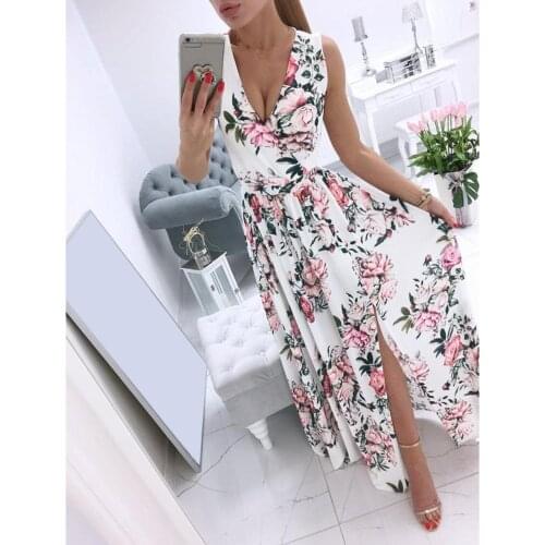 Trendying Dresses Bohemian Style Womens Fashion Maxi Sexy Strap Floral Chiffon V Neck Floral Print Long Dress Designer Wear
