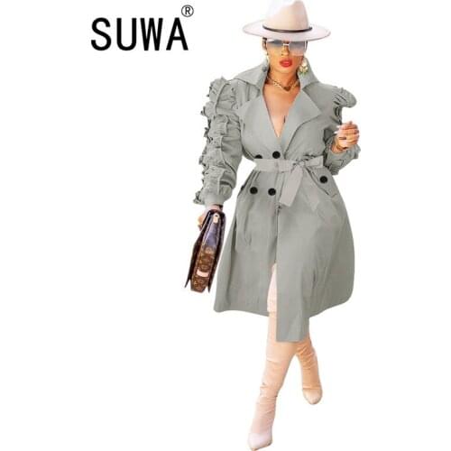 Double Breasted Classic Women Trench Coat Elegant Long Puff Sleeve Loose Long Windbreaker High Street Female Slim Outwear