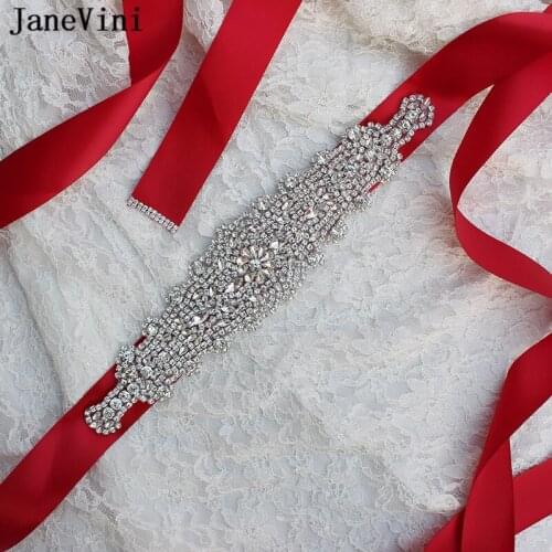 JaneVini Shiny Wine Red Satin Wedding Belt Rhinestone Sash Handmade Bridal Dress Ribbon Belts Luxury Women Waistband Accessories