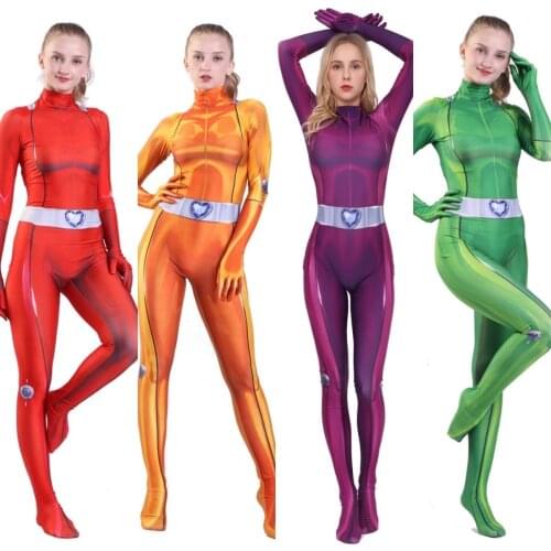 Totally Spies Cosplay Costume Adults Kids Anime Clover Sam Alex Mandy Bodysuit Zentai Suit Halloween Jumpsuits