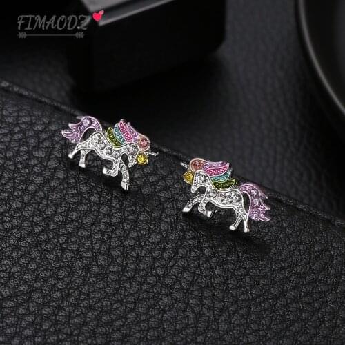 FIMAODZ Fashion Cute Unicorn Stud Earrings For Women Girl Cartoon Animal Horse Exquisite Crystal Earring Party Christmas Gift