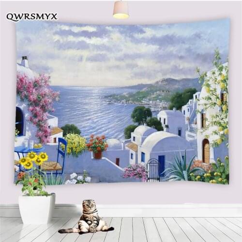 Greek Seaside Town Scenery Tapestry Wall Hanging Mediterranean Pastoral Style Living Room Bedroom Dorm Decor Wall Tapestries