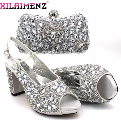 Latest Italian Women Shoes Matching Bag in Silver Color Comfortable Heels African Women Shoes and Bag for Wedding Party
