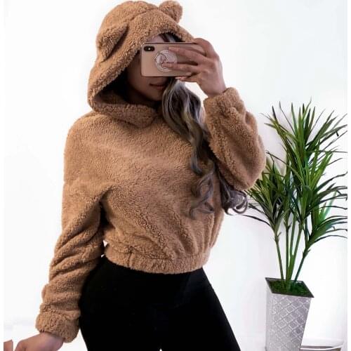2020 New Fashion Womens Wool Hooded Solid Color Top Warm Plush Long Sleeve Sweatshirt Short Cute Hoodie for Womens Top