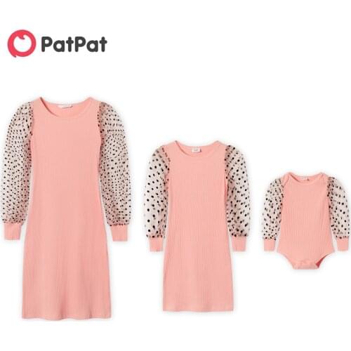 PatPat Polka Dot Mesh Sleeve Fitted Matching Pink Mini Dresses