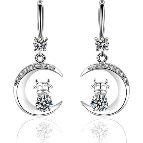 Huitan Cute Cow Moon Drop Earrings Novel Design Accessories for Women Silver Color Brilliant Cubic Zirconia Stone Trendy Jewelry