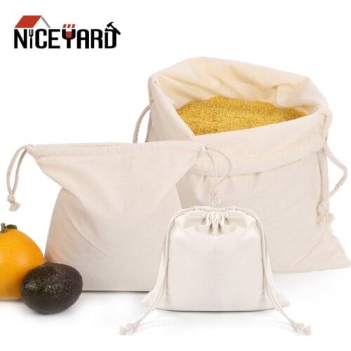 Fruit Vegetables Storage Bag Home Kitchen Drawstring Shopping Bag Eco-friendly Reusable Pure Cotton Produce Bags 3 Sizes