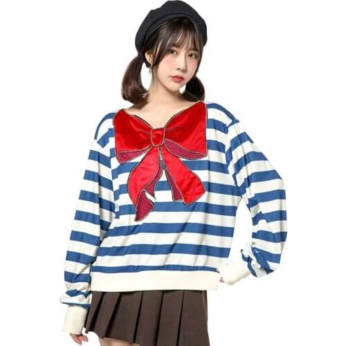 Blue White Striped Velour Bow Embroidery Sweatshirts Spring And Autumn New Womens Clothing Casual Loose BF Pullovers Sweat