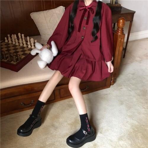 Spring New Year Red Petite Set Japanese Style Cloak Coat Womens Inner Vest Pleated Dress japanese fashion school uniform