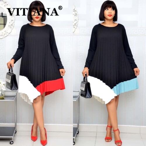 VITIANA Women Pleated Dress Spring 2021 Female Long Sleeve Black Pullover Casual Midi Dresses Femme Loose Vestidos