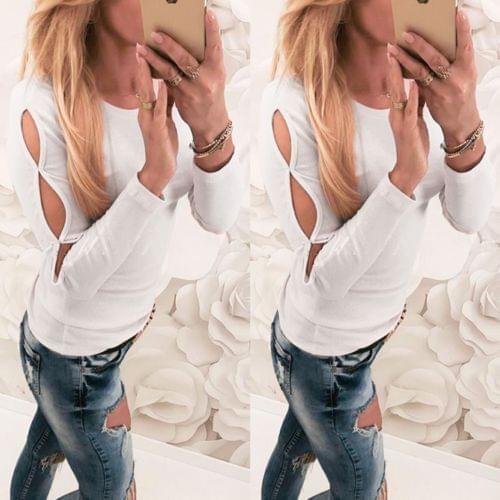 2017 Women Hollow Blouse Fashion Summer Casual Loose Long Sleeve O-neck Tops New White S M L XL Solid Shirt