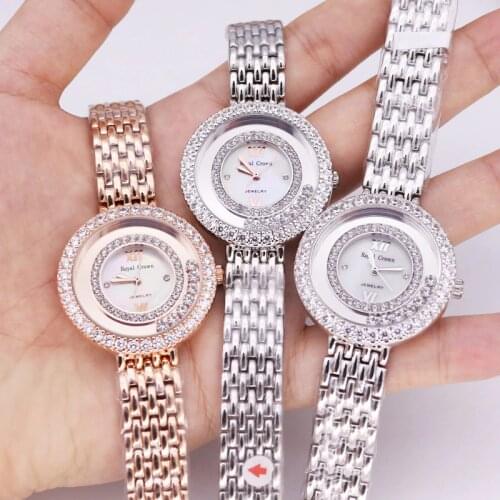 Lady Womens Watch Fine Fashion Mother-of-pearl Jewelry Hours Stainless Steel Bracelet Rhinestone Girl Gift Royal Crown Box