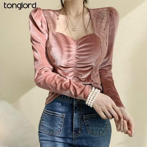 Women Elegant Lace Patchwork Golden Velvet T-shirts 2021 New Spring Autumn Vintage Long Sleeve Tops Mujer Square Collar T Shirt