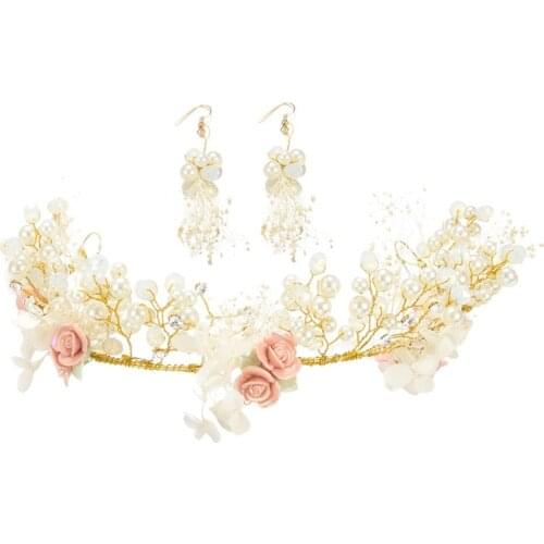 Handmade Women Gold Flower Headbands Tiaras & Earrings Sets for Bridal Headpiece Party Wedding Hair Accessories Jewelry Set