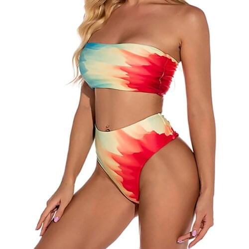 Summer New Tie Dye Printing Tube Top High Waist Bikini Set 2021 Women Sexy Halter Swimsuit Suit Gather Push Up Beach Swimwear