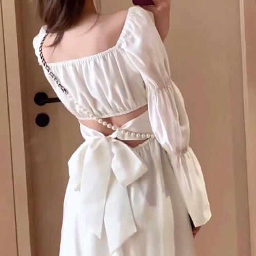 Backless Design Dress Korean Fashion Long Sleeve Pure Color Dresses Women Party Bandage Fairy Midi Dress Female 2021 Summer Y2k