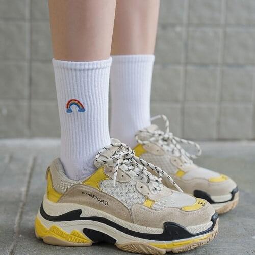 1 Pair New Women Color Cotton Socks Breathable Sunny Weather Embroidery Long Socks Creative Street Cute Casual Socks