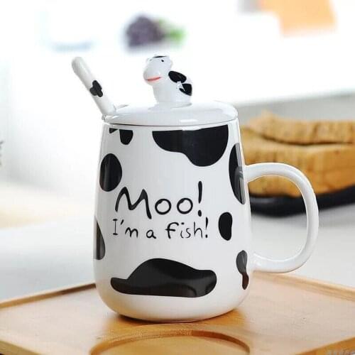 Ceramic Cute Cow Pattern Water Juice Cup Porcelain Office Teacup Creative Cartoon Breakfast Milk Coffee Mug With Lid and Spoon