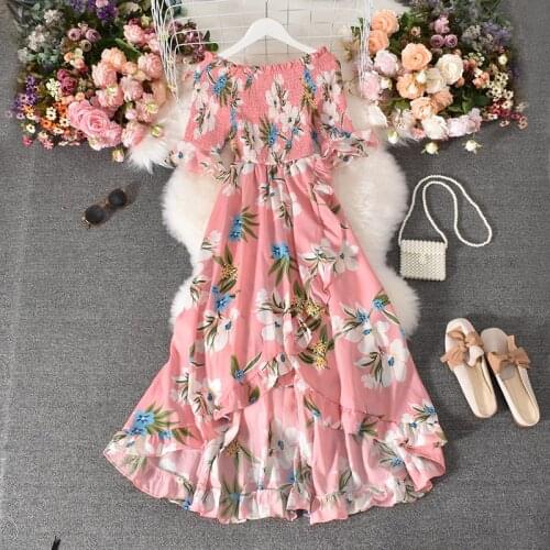Summer Womens Dresses, New Floral Print Mid-calf Dresses Slash Neck High Waist Dress Thin Niche Irregular Ruffled Dress LL007