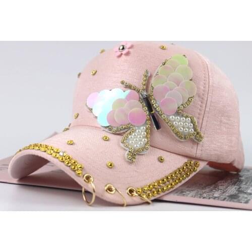 Summer Hat For Women Butterfly Diamond Studded Outdoor Baseball Cap Ladies Casquatte Cap Metal Three Ring Sun Hat