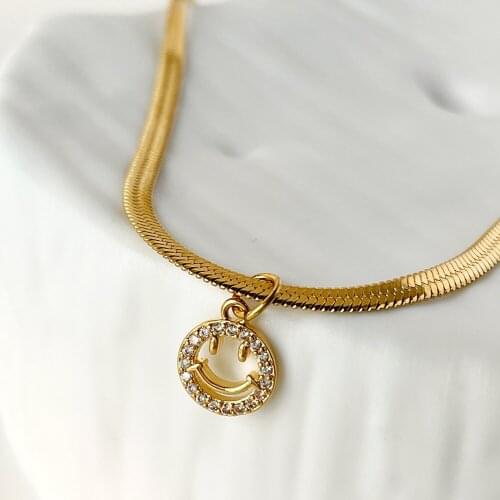 Monlansher Cute Geometric Round Zircon Smiley Face Pendant Necklace Titanium Steel Z Snake Chain Choker Trendy Necklace Jewelry