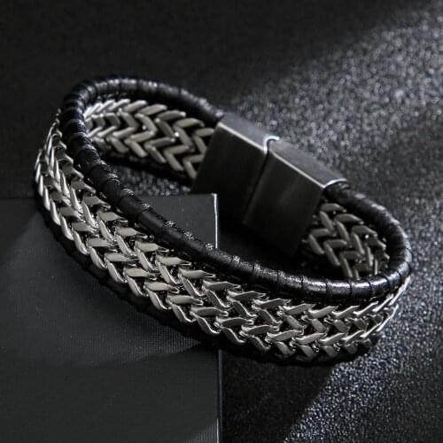 Gothic Men Mesh Link Chain Wide Leather Rope Charm Jewelry Stainless Steel Male Wrist Band Punk Bracelets