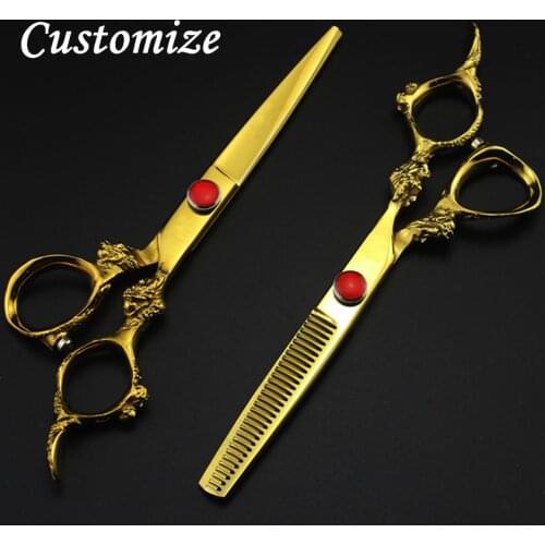 Customize Upscale Germany 440c 6 inch gold dragon hair scissors set barber cutting scissor thinning shears hairdressing scissors