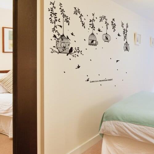 Black Tree Wall Decal W/Black Leaves Bird And Birdcage DIY Vinyl Wall Removable