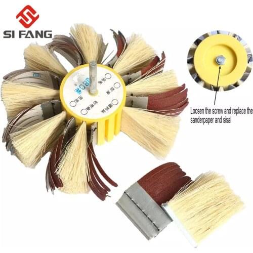 150mm Shaft Mounted Sandpaper Sisal & Emery cloth Bristle Polishing Brush Wheel 6mm Shank for Wood Primer Sanding 80-400 Grit