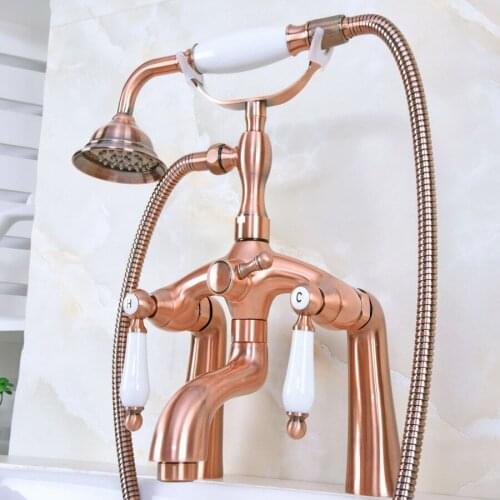 Deck Mount Claw-foot Bathtub Faucet Tub Filler Handheld Shower Antique Red Copper Brass Dual Ceramic Handles ana166