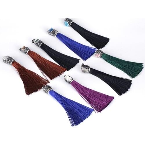 Boho multi colors silk tassel pave natural druzy rhinestone connector charms hematite beads chain pendant necklace for women