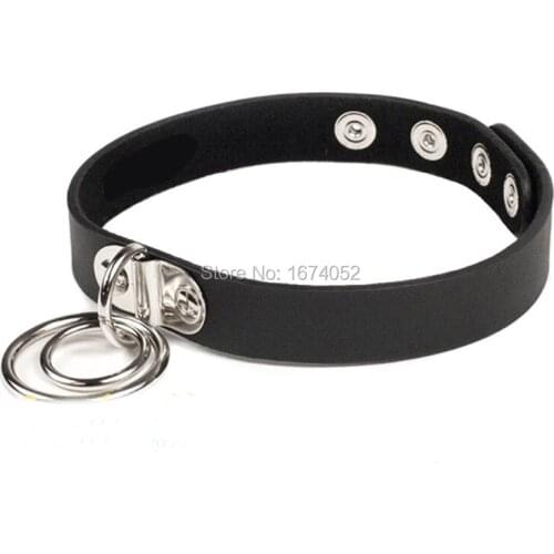 Sexy Women Girl Handmade Double O Round Hanging Circle Choker 90s Collar Leather Slave Choker Necklace