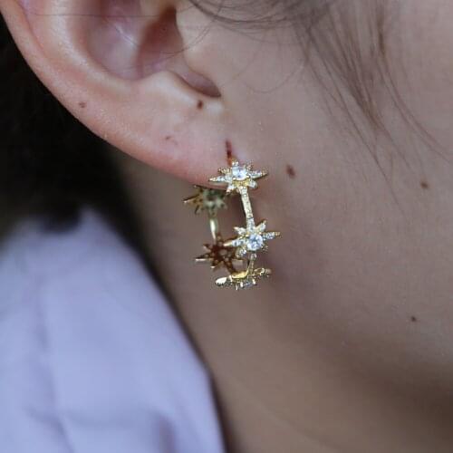 Star hoop earring paved clear cubic zirconia silver color fashion modern geometric simple jewelry